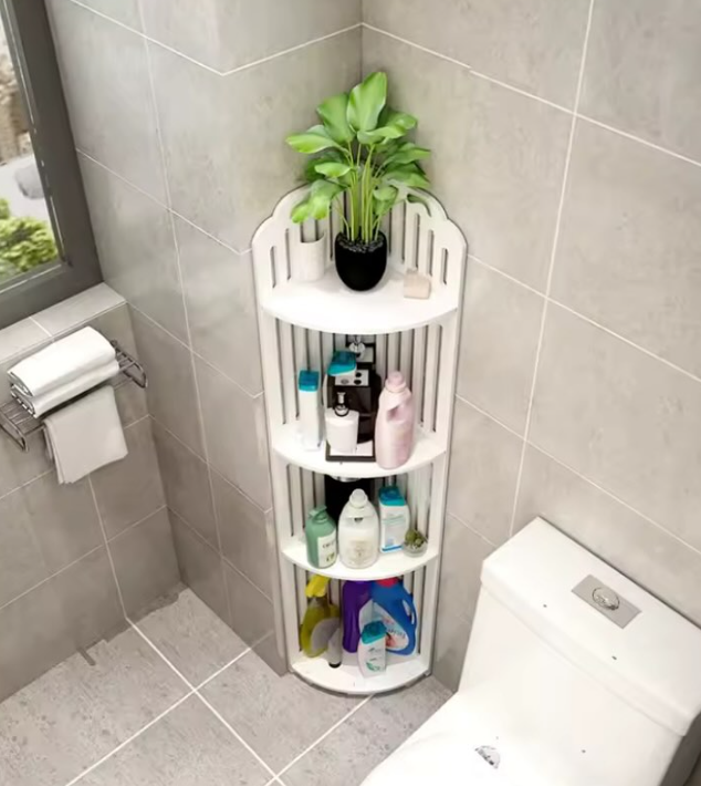 Organizador de Esquina para Suministros de Baño con Diseño Compacto y Moderno.